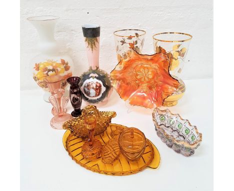 SELECTION OF GLASSWAREincluding a carnival glass bowl, an etched ruby glass vase, an opaque vase with painted floral decorati