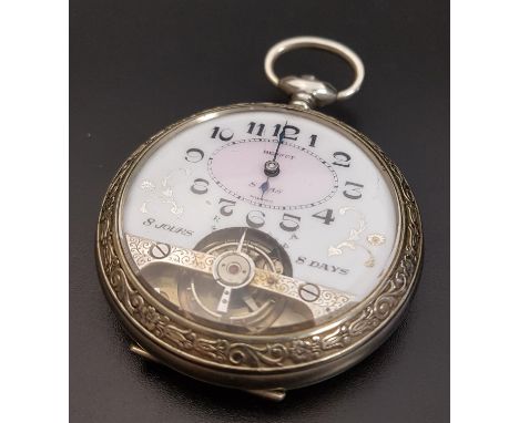 BENNET EIGHT DAY POCKET WATCHwith a circular enamel dial and oval face with Arabic numerals above a visible escapement moveme