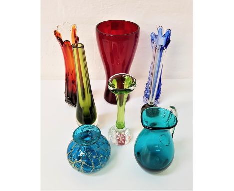 SELECTION OF ART GLASSincluding a Mdina squat blue vase with brown veining, ruby vase of waisted form, three spill vases, pal