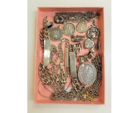 GOOD SELECTION OF SILVER JEWELLERYincluding three identity style bracelets, a large locket and bow brooch, three Saint Christ