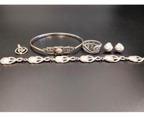 SELECTION OF CHARLES RENNIE MACKINTOSH SILVER JEWELLERYincluding a Glasgow rose link bracelet, a similar pair of stud earring