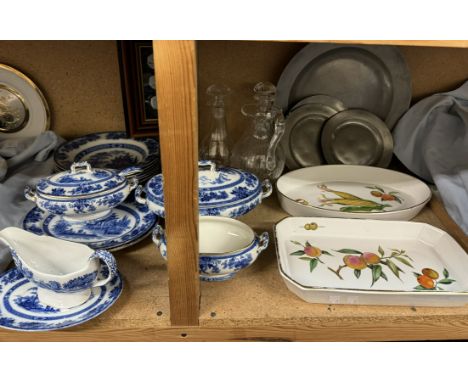A Royal Doulton Madras pattern blue and white pottery part dinner set together with glass decanters, pewter chargers, miniatu