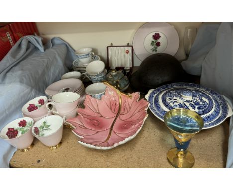 An Old Royal Bone China part tea service together with a Royal Vale part tea service, tin helmet etc 