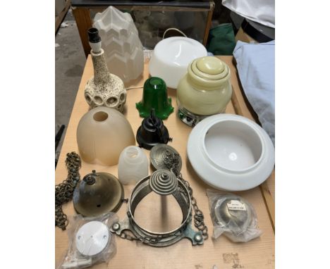 A frosted glass lamp shade together with other glass lamp shades, table lamp, light fittings etc 