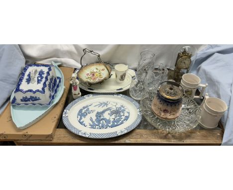 An Anniversary clock together with a Worcester figure, "Polly put the kettle on", glass jugs, pottery meat plates, cheese dis