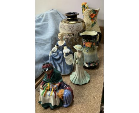 A Clarice Cliff Celtic Harvest pattern jug together with a Japanese Satsuma pottery vase, Royal Doulton figures 