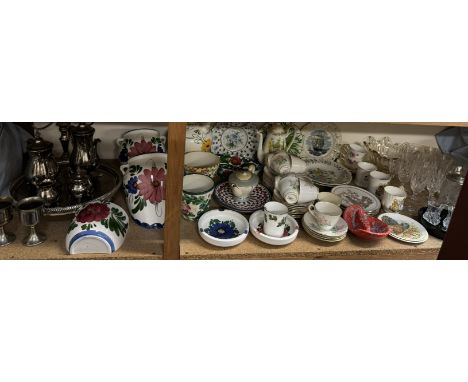 Assorted crystal drinking glasses together with a Royal Stafford part tea service, commemorative mugs, pottery wall pockets, 