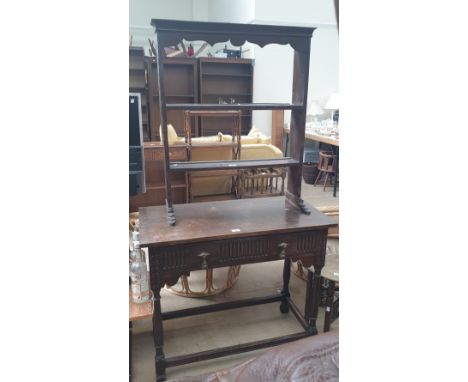 An oak side table with a rectangular top above a frieze drawer on ring turned legs and square feet together with a dresser ra