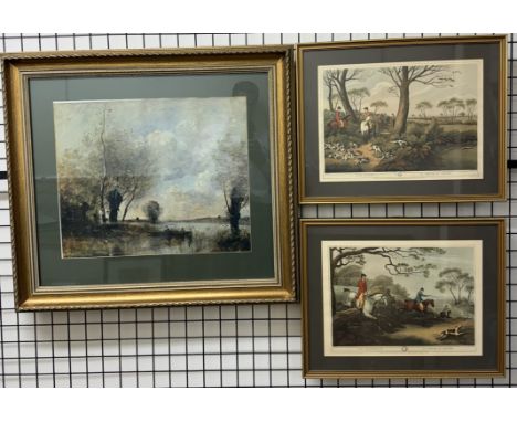 A fox hunting print together with a Hare hunting print and a Corot print