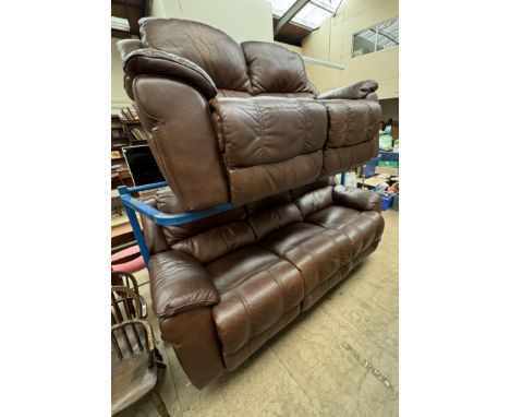 A brown leather three seater settee with reclining action together with a matching two seater example 