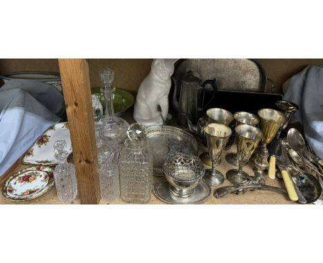 Assorted electroplated wares including cutlery, tray etc together with decanters, pottery bowl etc 