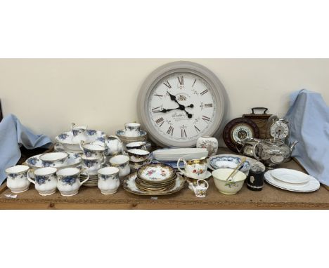 A Royal Albert Moonlight Rose part tea and dinner service together with a wall clock, barometer, anniversary clock, crumb sco