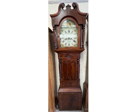 A 19th century mahogany longcase clock with a broken swan neck pediment and rope twist columns above a short trunk door and r