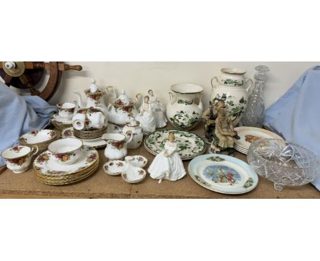 A Royal Albert Old Country Roses pattern part tea set together with Masons pottery vases and plates, glass decanter and bowl 