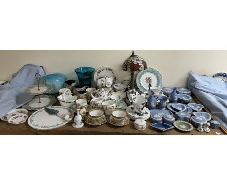 A Tiffany style table lamp together with a Duchess part tea service, a Royal Albert Masquerade pattern part tea service, glas