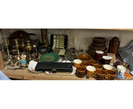 A Hornsea part tea and dinner service together with a Carlton Ware Rouge Royale bowl, cased fish set, loose flatwares, brass 