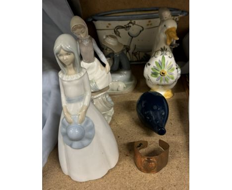 Lladro figures together with a copper bangle, cow decorated planter, glass figure etc 