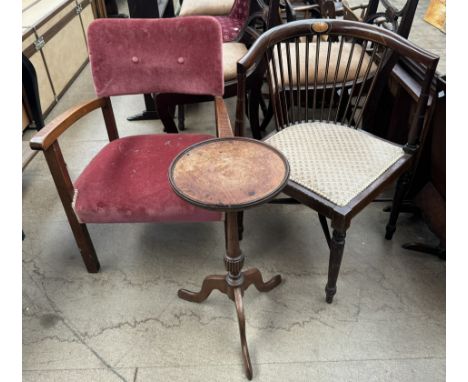 An Edwardian mahogany corner chair with a stick back and pad seat on turned legs together with an upholstered chair and a win