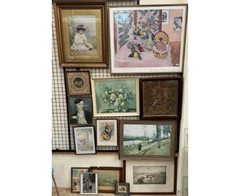 A woolwork picture of figures in and around a pergola together with a Matisse print, Millais print, watercolour of a figure i