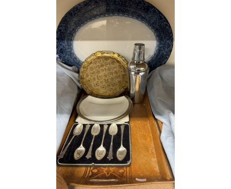 A set of six silver tea spoons together with an inlaid tray, meat plate, cocktail shaker, Coalport dishes etc 