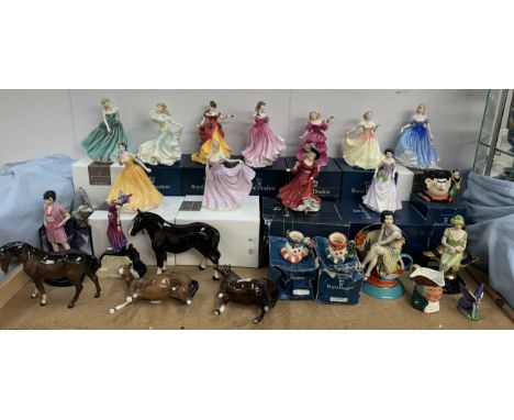 A collection of Royal Doulton figures including Sarah, Millenium Celebration, Belle, Lauren etc together with Peggy Davies fi