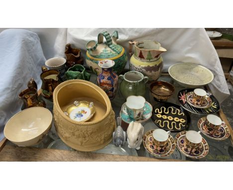Four Royal Crown Derby coffee cups and saucers together with assorted pottery and porcelain