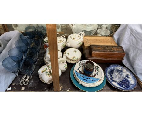 A Victorian part tea set together with assorted drinking glasses, glove box, bridge board etc