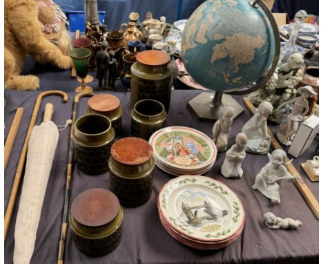 A set of Hornsea Heirloom storage jars together with a horn walking stick, another walking stick, parasol, collectors plates,