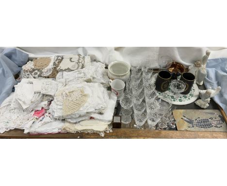 Nao figures together with a malacite inlaid dish, Wedgwood commemorative mugs, drinking glasses, linens etc  