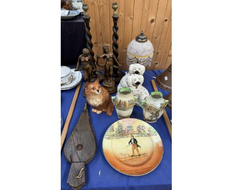 A pair of Royal Doulton pottery twin handled vases together with a Royal Doulton plate, Beswick cat, Staffordshire type dogs,