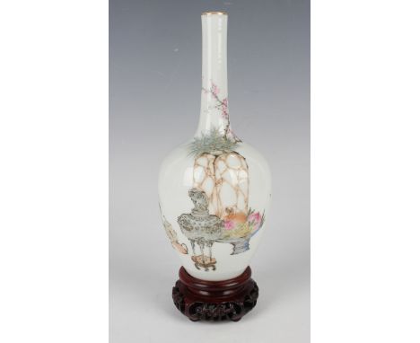 A Chinese Qianjiangcai enamelled porcelain bottle vase, probably Republic period, the ovoid body and slender narrow neck pain