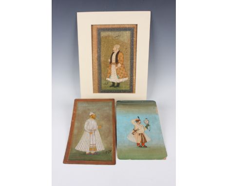 Two Indian Mughal School miniature watercolour paintings, 19th century, each depicting a full-length portrait of a maharaja, 