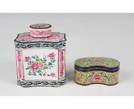 A Chinese Canton export enamel tea caddy and cover, Qianlong period, of shaped rectangular form, painted with flowers and fru