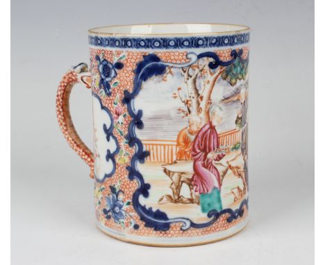 A Chinese famille rose export porcelain tankard, Qianlong period, the cylindrical body painted with a figural scene within un