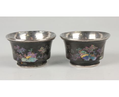 A pair of Chinese laque burgauté wine cups, Kangxi period, each delicately inlaid in mother-of-pearl with fisherman and pavil