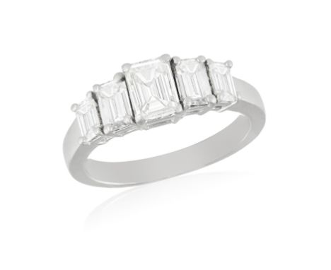 A DIAMOND FIVE-STONE RINGCentring a rectangular-cut diamond weighing 1.01ct between similarly-cut diamonds, mounted in platin