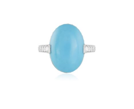 A TURQUOISE AND DIAMOND DRESS RINGThe central oval-shaped turquoise cabochon within a single-cut diamond frame and shoulders,