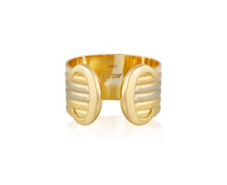 A GOLD 'C DE CARTIER' RING, BY CARTIERDesigned as a tri-colour gold band with two 'C' terminals, mounted in 18K rose, white a