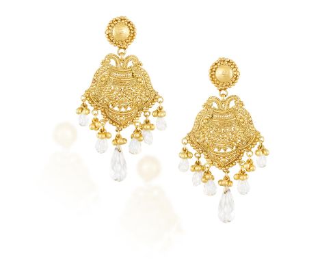 A PAIR OF ROCK CRYSTAL AND GOLD PENDENT EARRINGSOf chandelier design, each openwork bombé mount with cannetille detailing thr