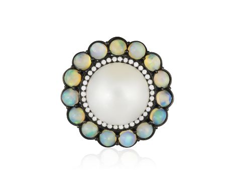 A CULTURED PEARL, OPAL AND DIAMOND DRESS RINGThe central round-shaped South Sea cultured pearl measuring approximately 14.13m