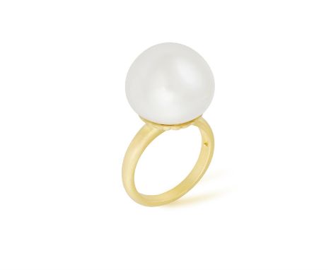 A CULTURED PEARL DRESS RINGThe large South Sea cultured pearl measuring approximately 16.72mm, to an 18K brushed gold hoop, r