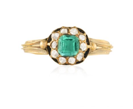 A LATE 19TH CENTURY EMERALD AND DIAMOND DRESS RINGThe square-cut emerald within a rose-cut diamond frame, mounted in gold, ri