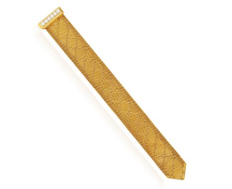 A DIAMOND JARRETIÈRE BRACELET, BY GAY FRÈRES FOR MELLERIO DITS MELLER, CIRCA 1950Designed as a woven linking with 'X' motifs 