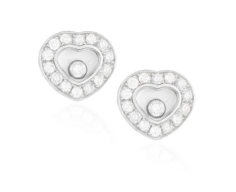 A PAIR OF 'HAPPY DIAMOND' EARRINGS, BY CHOPARDEach heart-shaped glazed compartment containing a collet-set floating brilliant