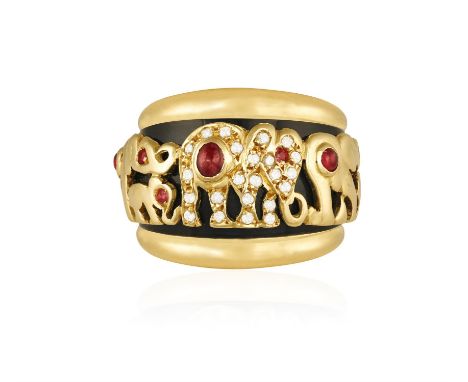 A RUBY, DIAMOND AND ENAMEL RING, BY MARIA GRAZIA CASSETTIThe frontispiece composed of a series of elephants, adults and calve