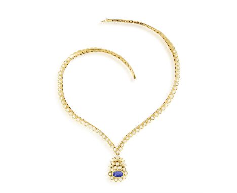 A SAPPHIRE AND DIAMOND PENDANT NECKLACEComposed of a continuous line of graduated brilliant-cut diamonds within scalloped out