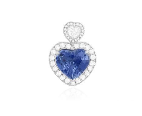 A SAPPHIRE AND DIAMOND PENDANT ON CHAINThe heart-shaped sapphire weighing 4.02cts within a three-claw setting and a brilliant