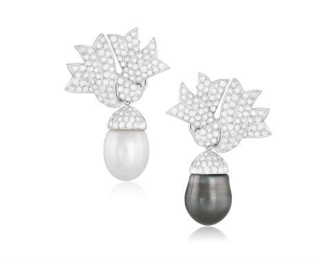 A FINE PAIR OF CULTURED PEARL AND DIAMOND PENDENT EARCLIPS, BY VERDURAEach surmount designed as stylised knots pavé-set with 