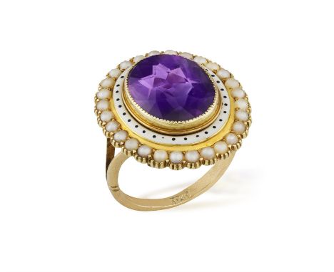 A VICTORIAN AMETHYST, ENAMEL AND SEED PEARL DRESS RINGThe oval-shaped amethyst within an white enamel frame with black dot de