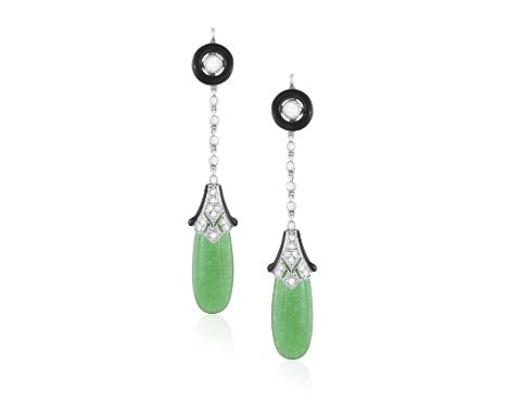 A PAIR OF JADE, ONYX AND DIAMOND PENDENT EARRINGSEach circular surmount set with a brilliant-cut diamond within an onyx frame